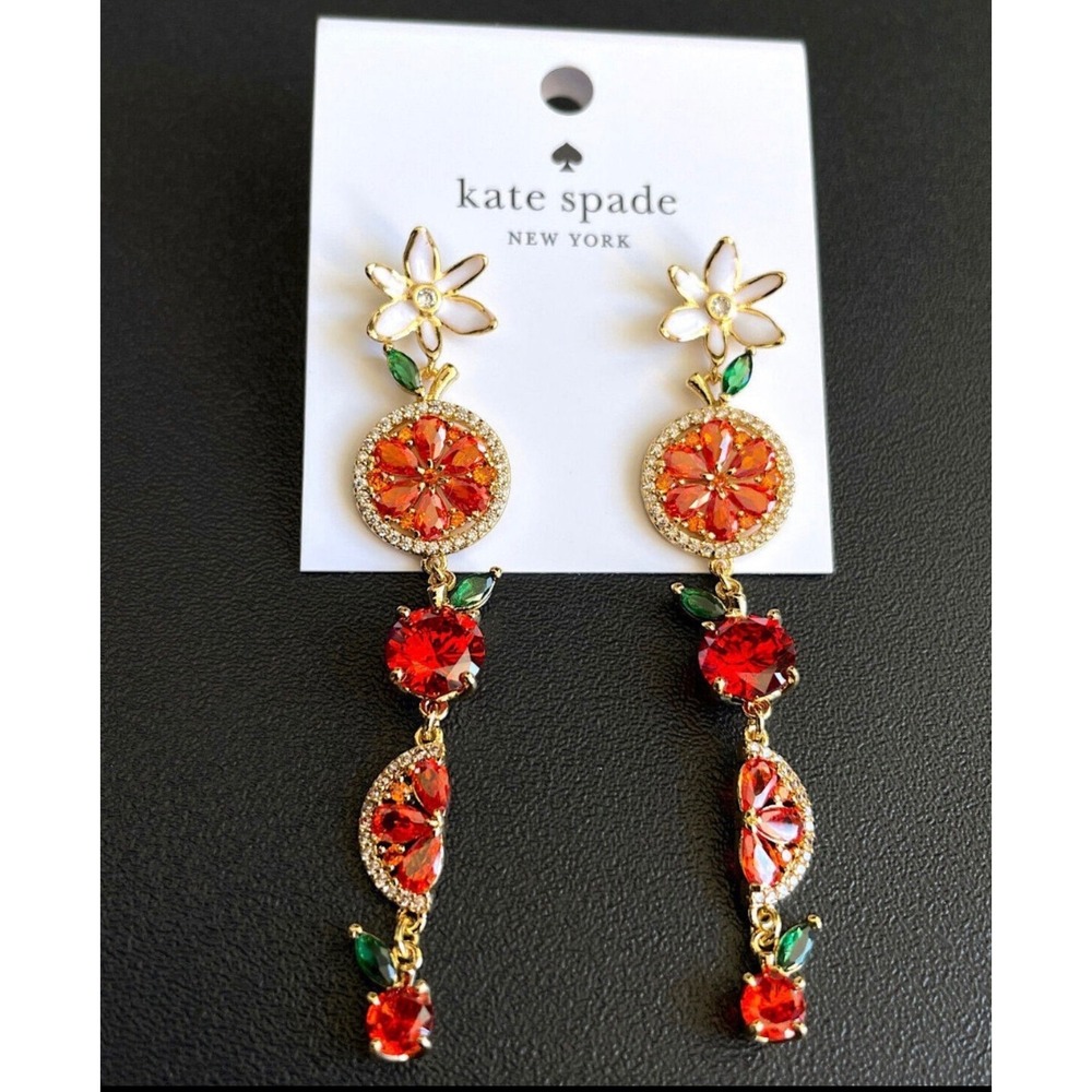 Kate Spade Citrus Fruit Drop Earrings Gold Tone Crystal Orange Flower NWT Boho - Picture 4 of 6